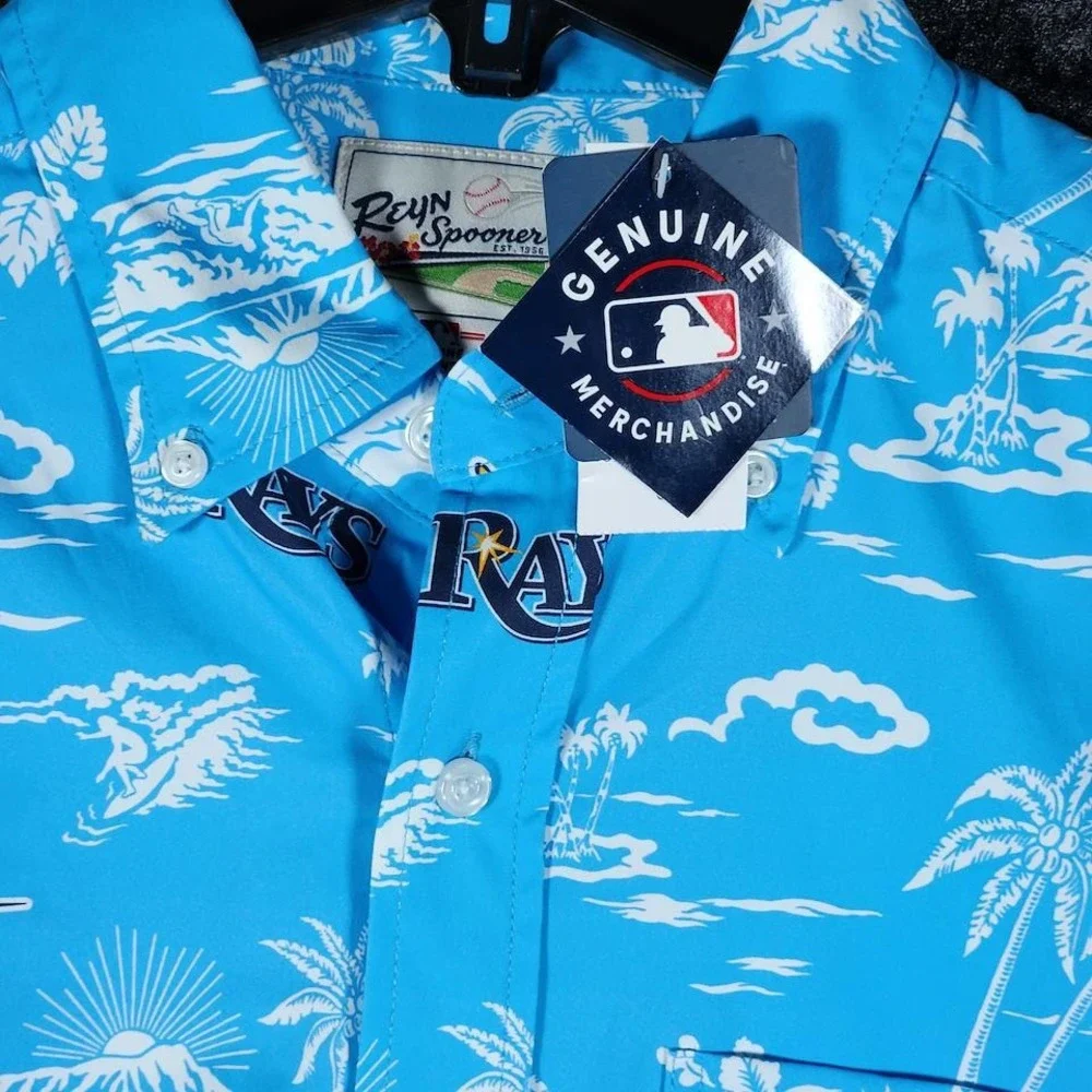 Reyn Spooner Tampa Bay Rays MLB Performance Hawaiian Shirt Mens Small Light Blue - Picture 4 of 10